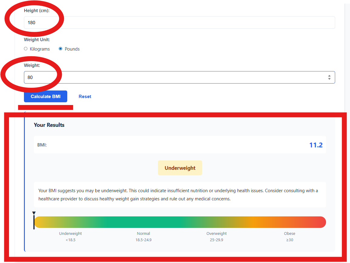 BMI results section showing inputs highlighted and a results panel with BMI value, underweight label, explanation, and a color range bar with categories.