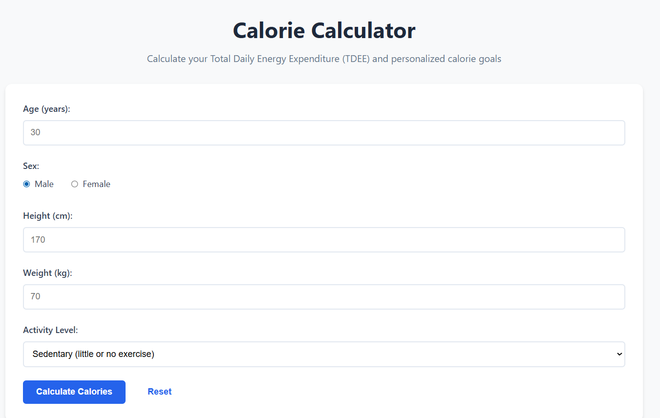 Calorie Calculator form showing age input, sex selection, height and weight inputs, activity level dropdown, and Calculate Calories button.