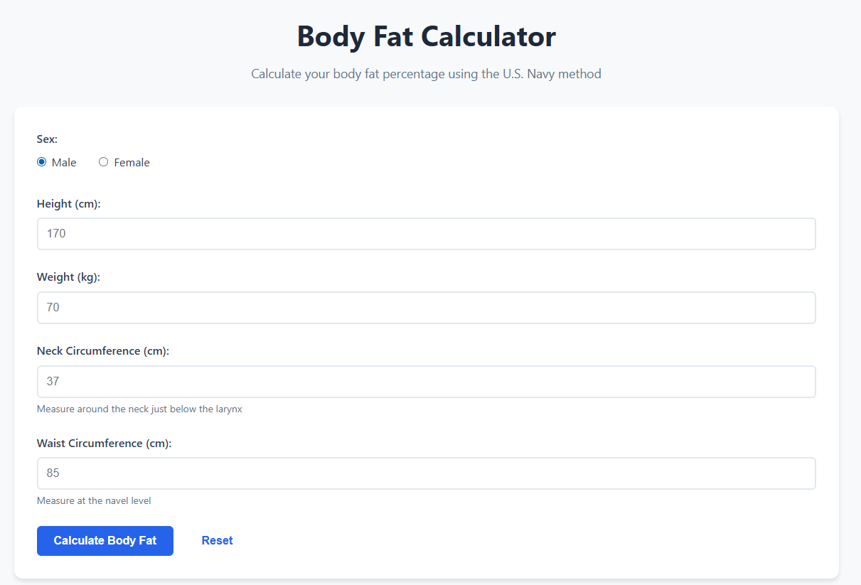 Body Fat Calculator form showing sex selection, height, weight, neck circumference, waist circumference, and Calculate Body Fat button.