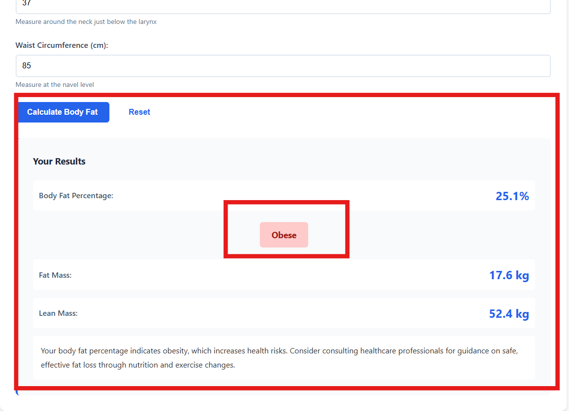 Body fat results panel showing body fat percentage, category label, fat mass, and lean mass with a guidance message.